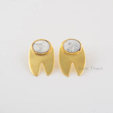White Howlite Stud Earrings - Handcrafted Studs - Pure Silver - 8X10mm Oval - Artisan Jewelry - Jewelry For New Mom - Gift For Bride